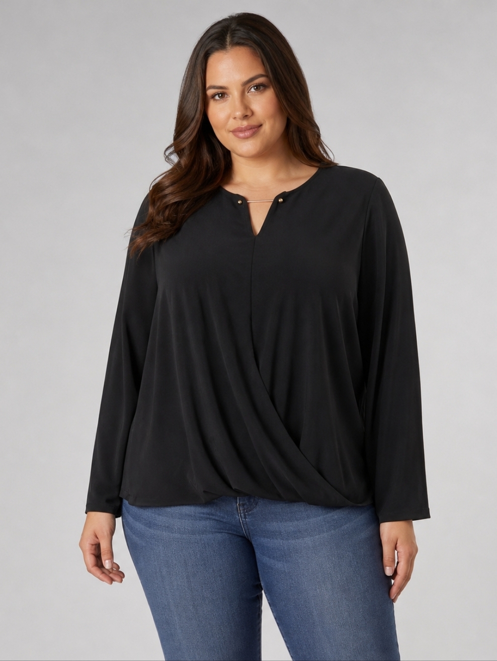 TAHARI Size XL Black Long Sleeve Split Neck Blouson Top with Metal Bar Accent